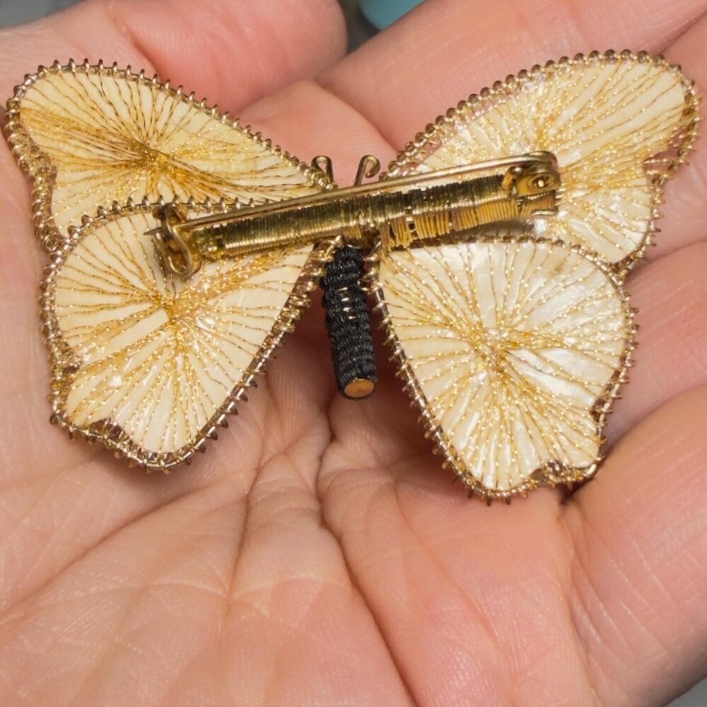 Butterfly Brooch Threaded Fabric Wings Gold Tone Pin 2.5” - Picture 4 of 6